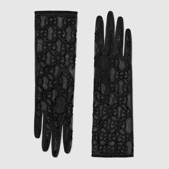 NWT GUCCI GLOVES TULLE LACE GG BLACK Sz 7 S - Picture 1 of 8